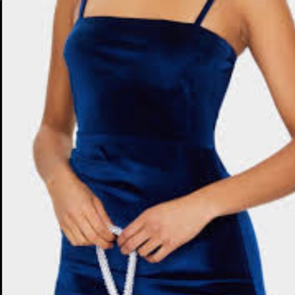 Blue Missord Sheath Spaghetti Velvet Cocktail Prom Sexy Dress Sz XL Back Tie.